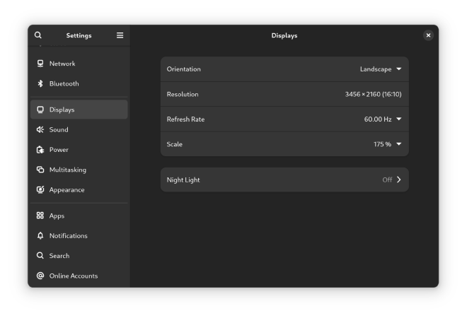 GNOME Display Settings with fractional scaling